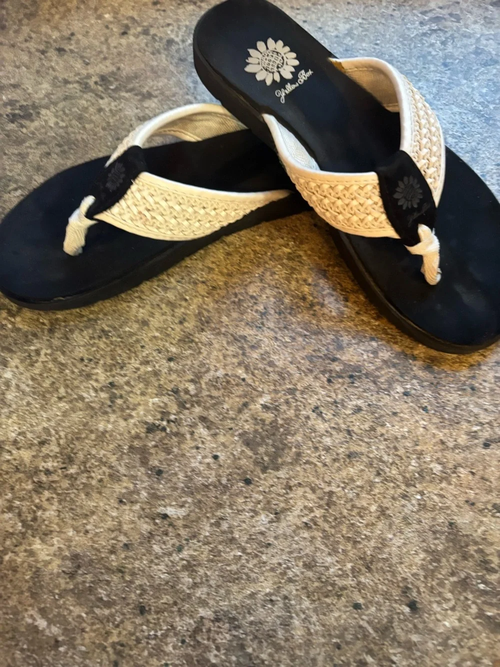 Yellow Box Black Footbed Woven Cream Strap Flip Flops - Picture 2 of 3